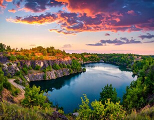 Fototapeta premium A scenic vista showcasing a tranquil lake surrounded by rugged cliffs and lush greenery, illuminated by a vibrant, colorful sunset