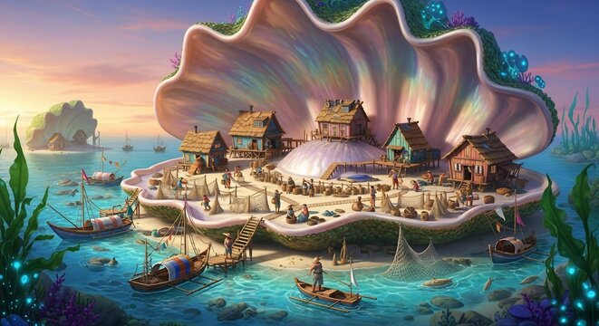 Fantasy village inside seashell