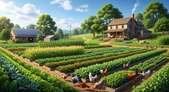 Farm with solar panels and vegetables