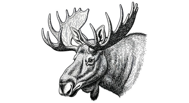 Majestic Moose Head Illustration, Wildlife Animal Portrait, Vintage Drawing Style
