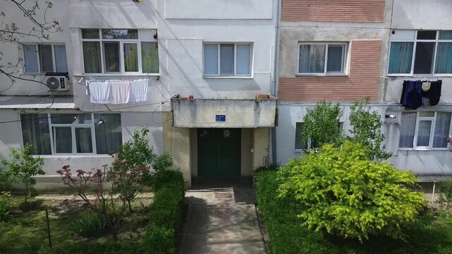 Aerial view of Soviet-era apartment buildings in Tomesti, Iasi, Romania. Eastern European communist architecture.