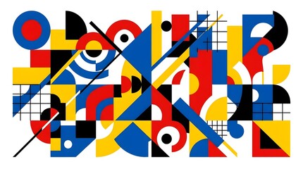 Obraz premium Vibrant abstract composition featuring an array of geometric forms in primary colors and black and white, creating a dynamic modern art pattern