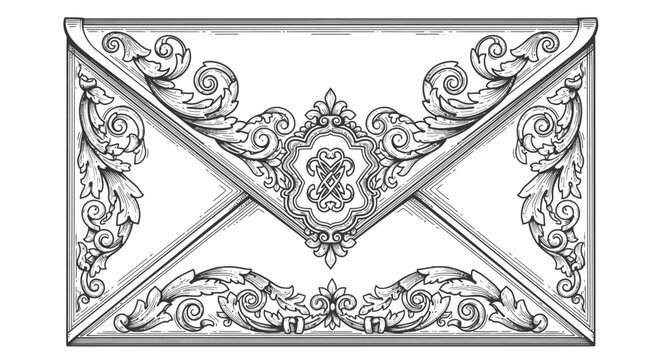 Ornate Vintage Envelope Illustration with Baroque Floral Scrollwork and Elegant Decorative Details, Engraving Style