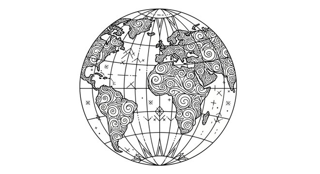 Intricate Doodle Style World Globe Illustration. Detailed Earth Map with Swirling Decorative Patterns, Global Connection, Black and White Vector Art