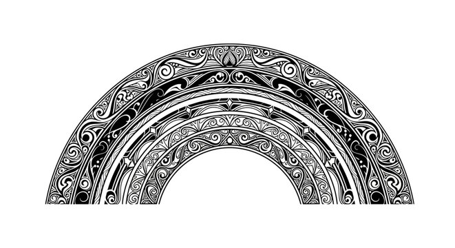 Intricate ornate decorative arch element. Vintage classic black and white semicircle border graphic design illustration.