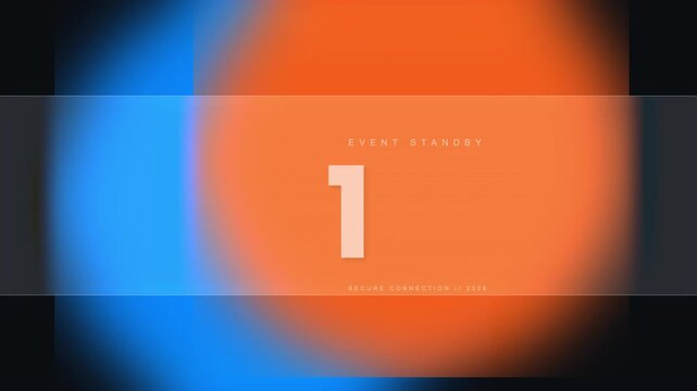 Futuristic glassmorphism countdown timer with vibrant blue orange fluid gradient background and event standby text
