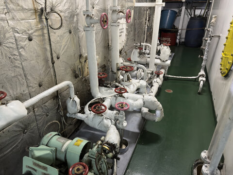 valves assembly. fresh water system on board the ship. piping and pump. 
