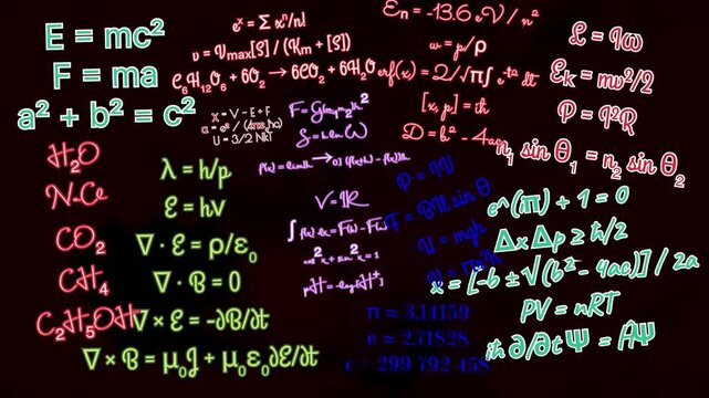 Colorful Physics formulas and mathematical equations on chalkboard background, science education concept