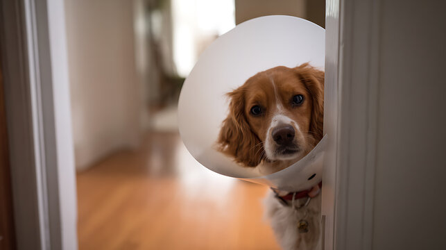 An adorable spaniel dog with a cone collar peeks from around a doorway, showing a curious and endearing expression inside a home setting