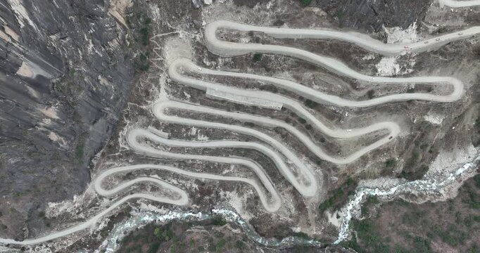 Aerial view of winding mountain road in tibet China