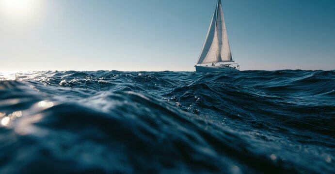 a low angle, eye level shot of a sailboat on the ocean under a bright, clear sky the horizon line is visible just above the water's surface, with the sun's glare on the left Generative AI