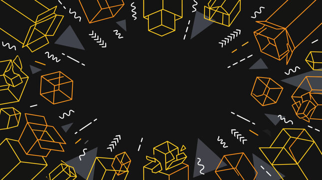 Neon geometric cube frame with scribble lines on black background.