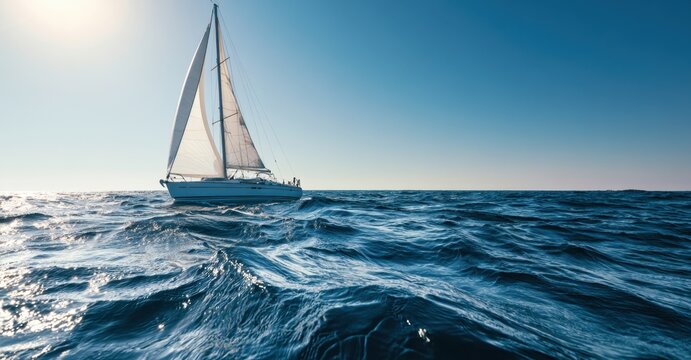 a low angle shot of a sailboat on the open sea under a bright sky the sailboat, with its full white sails, is sailing from left to right across the frame Generative AI