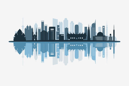 Jakarta, Indonesia skyline silhouette with modern landmarks reflection on white background in minimalist style.