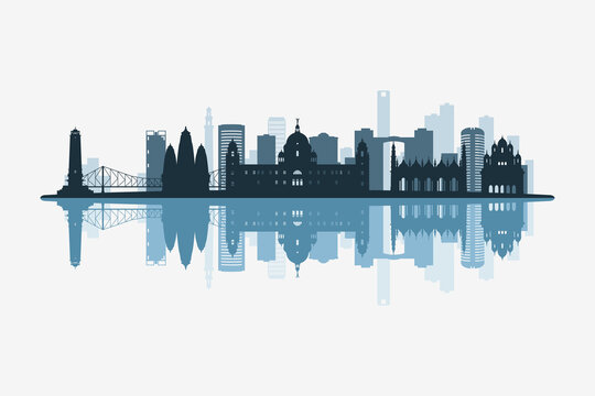 Kolkata, India skyline silhouette with modern landmarks reflection on white background in minimalist style.