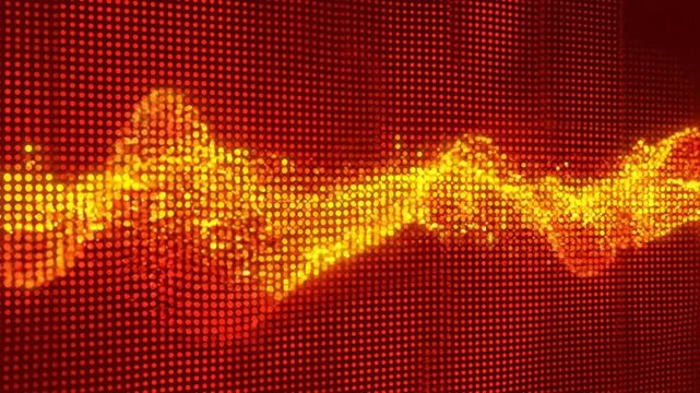 Futuristic digital dot halftone background featuring energetic red and yellow thermal heat map patterns with vibrant motion graphic effect for dynamic technology visualization in 4K resolution.