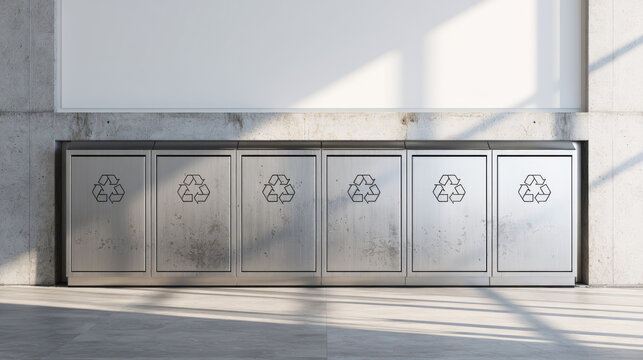Recycling station minimalist cabinetry concrete wall stainless steel door engraved symbol industrial interior sunlit shadow clean modern utility space