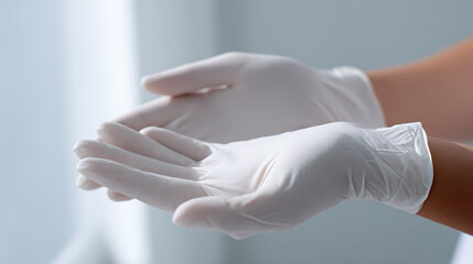 Obraz premium Close-up of hands wear protective white sterile gloves, palms facing up, ready to receive or perform a clean task in a medical or laboratory setting