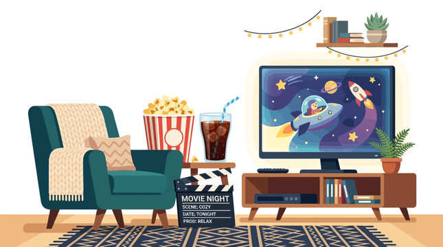 A cozy living room setup for a movie night with a green armchair, popcorn bucket, cinema ticket clipart, and a TV playing a film reel illustration on a wooden entertainment center with a