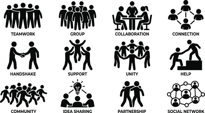 Business Teamwork and Collaboration Icons Set with Networking Support and Partnership Symbols
