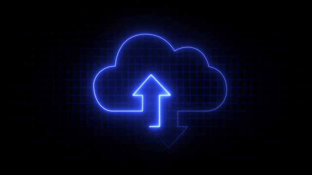 Glowing neon cloud storage with arrows, looped animation. Cloud space and technology, data backup icon.