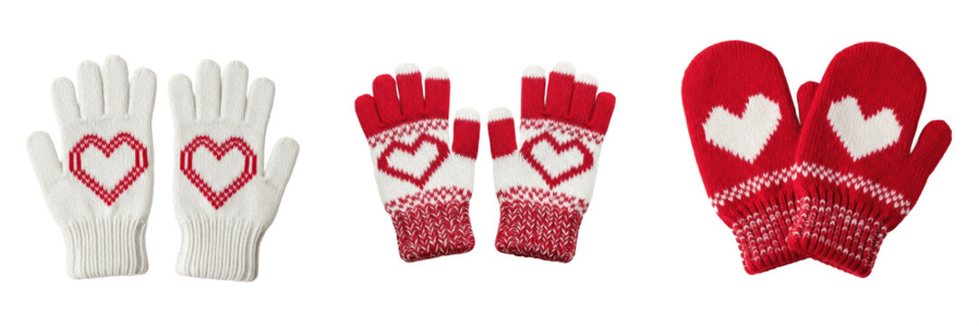 Pair Of Cute Red Winter Knit Mittens Gloves Isolated On Transparent Background, Warm Wool Clothing Holiday Apparel PNG Cutout Clipart Asse