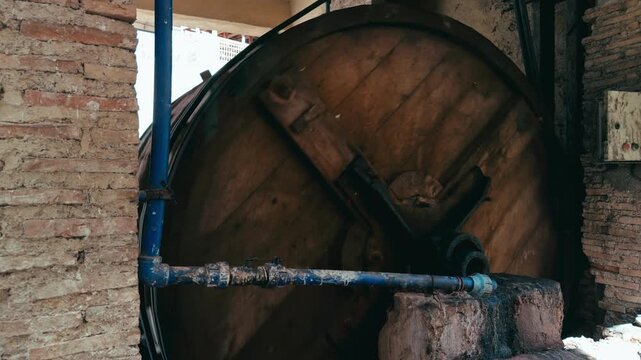 Wooden washing machine for leather processing in the Moroccan tannery