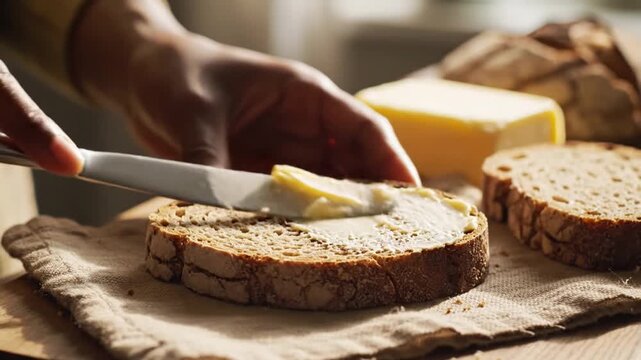 Close-up shot of a person spreading butter on a slice of fresh rustic bread for breakfast food commercial footage