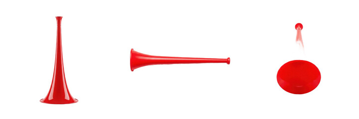 Long Red Plastic Stadium Horn Trumpet Isolated On Transparent Background, Sports Fan Vuvuzela Noise Maker Instrument PNG Cutout Clipart © ploki