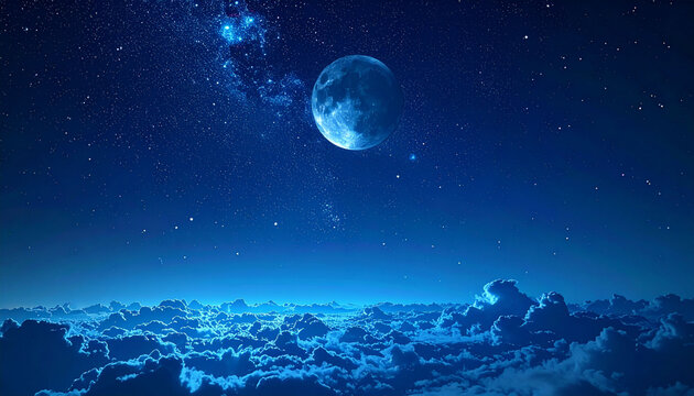 満月と満天の星空が広がる夜空と雲海の風景　幻想的で美しい青い夜の背景素材　コピースペースがあるWebサイトのヘッダーやバナーデザインに適した幻想的な宇宙の広がりを感じさせる天体写真素材