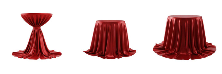 Fototapeta premium Elegant Red Round Tablecloth Fabric Overlay Isolated On Transparent Background, Luxury Restaurant Event Catering Drapery PNG Cutout Clipart