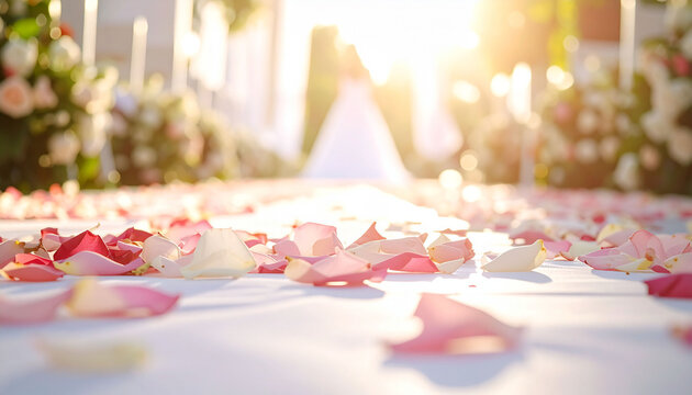 結婚式場に撒かれたバラの花びらのバージンロード　逆光に輝く幻想的な雰囲気と柔らかなボケ感　ウエディング広告やブライダルパンフレットの表紙にも使用できる幸福感あふれる背景素材