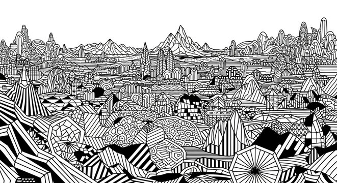 Abstract landscape illustration with geometric patterns and detailed cityscape