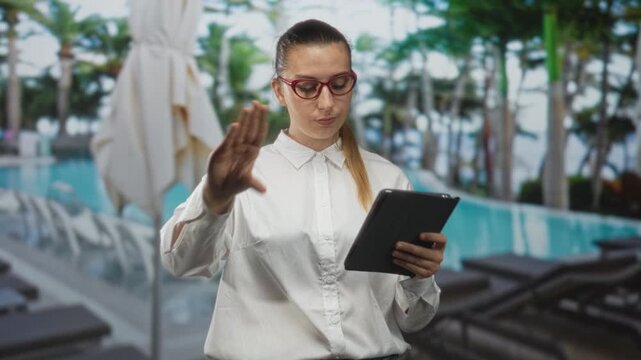 Woman taps tablet screen by pool loungers wearing red glasses and white shirt; concentration planning productivity.