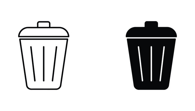 Trash bin with lid vector icon set in outline and solid black graphic styles for waste management and sanitation concepts