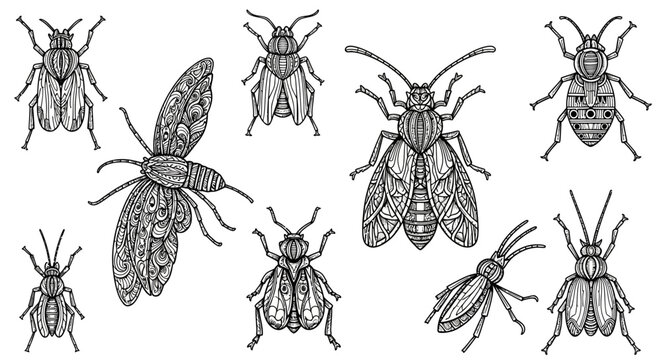 Vintage Hand-Drawn Insect and Beetle Collection. Engraved Style Line Art Bugs Set for Nature, Science, Entomology.