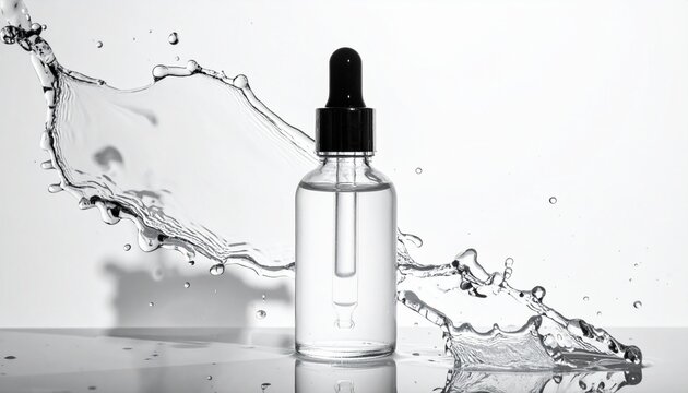A clear glass bottle with a black dropper is splashed with water on a reflective surface.