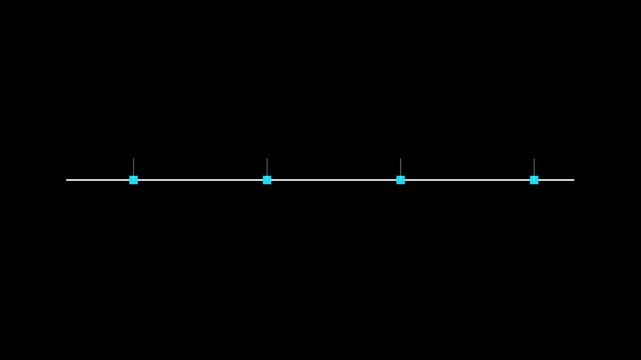 Minimalist horizontal timeline animation with cyan blue square milestone nodes on dark background