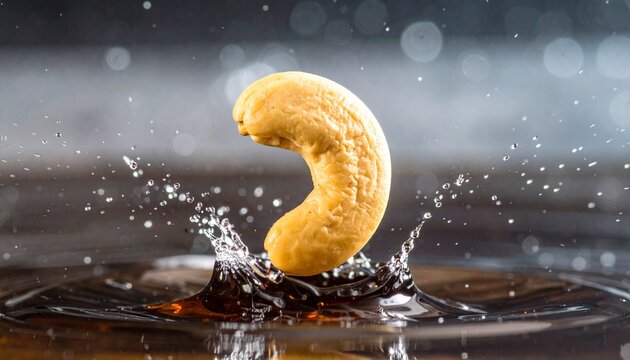 A cookie makes a splash in a dark liquid with water droplets flying around.