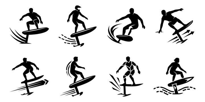 E-Foil Rider Silhouettes. Set of Electric Hydrofoil Surfboard Action Icons. Extreme Water Sports Vector Graphics.