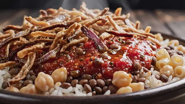 Delicious Koshary Dish Closeup with Rich Toppings and Ingredients.