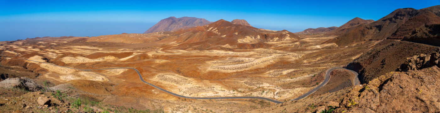 Arid and volcanic area starting from the top of the crown, the highest point of the island of Santo Ant&atilde;o, Cape Verde.