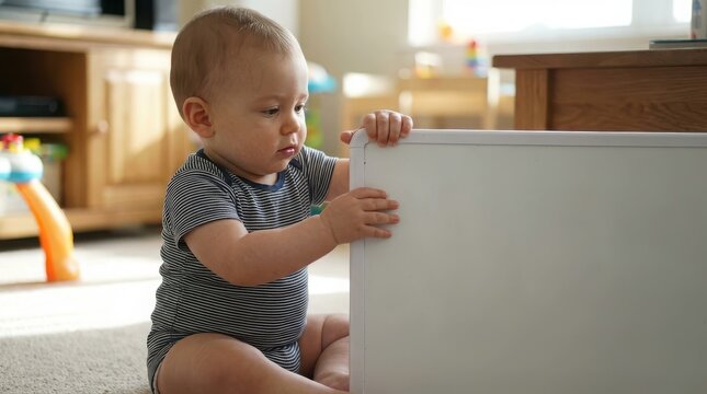 Sweet baby intently holding onto a white box indoors