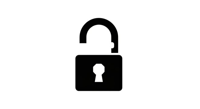 Black open padlock icon, unlocked security symbol, digital access, freedom, privacy, online safety, graphic element.