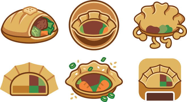 Cartoon style illustrations of various savory pies and pastries with fillings  meat and vegetables