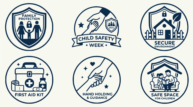 Family safety and protection icons: child safety, first aid, secure home, guidance, safe space