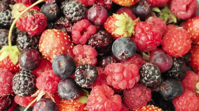 Various fresh summer berries backgrounds. Strawberry, blueberry, raspberry red currant and blackberry mix. Top view, flat lay.
