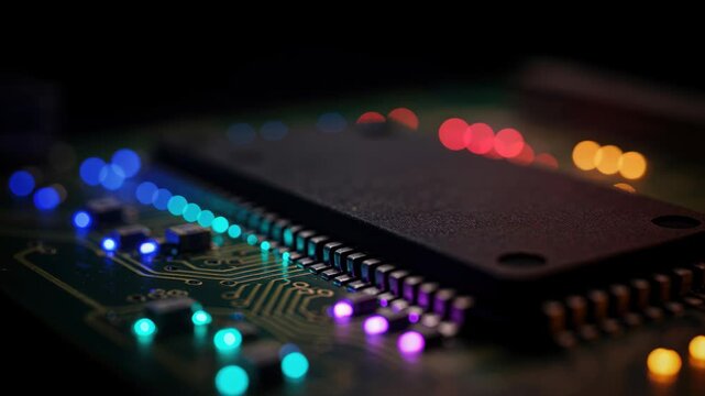 Tech Marvel: Close-up of a central processing unit, awash in a spectrum of vibrant colors, symbolizing the complexity and power of modern technology.