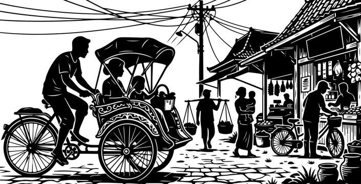 Black and white silhouette illustration depicting a traditional Indonesian rickshaw or pedicab (becak) carrying passengers on a street background with a traditional marketplace scene.
