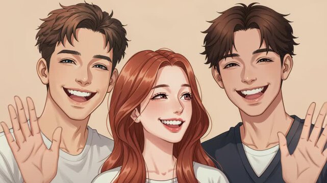 Enchanting Trio: A group of three young, smiling individuals, two males and one female, radiating positivity and joy, against a soft, welcoming backdrop.